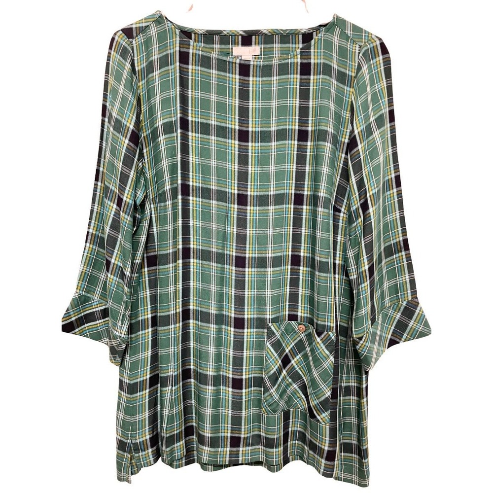J. Jill Plaid Tunic Top Small Green Blue 3/4 Sleeve Patch Pocket Rayon